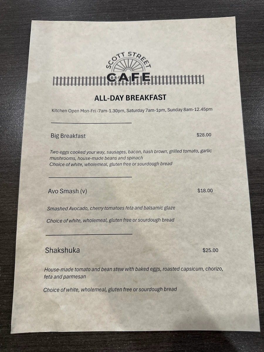 Menu, Scott Street Coffee House