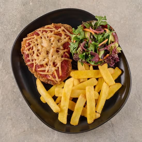 Veggie Parma with Vegan Cheese, Fries and Salad (VG)