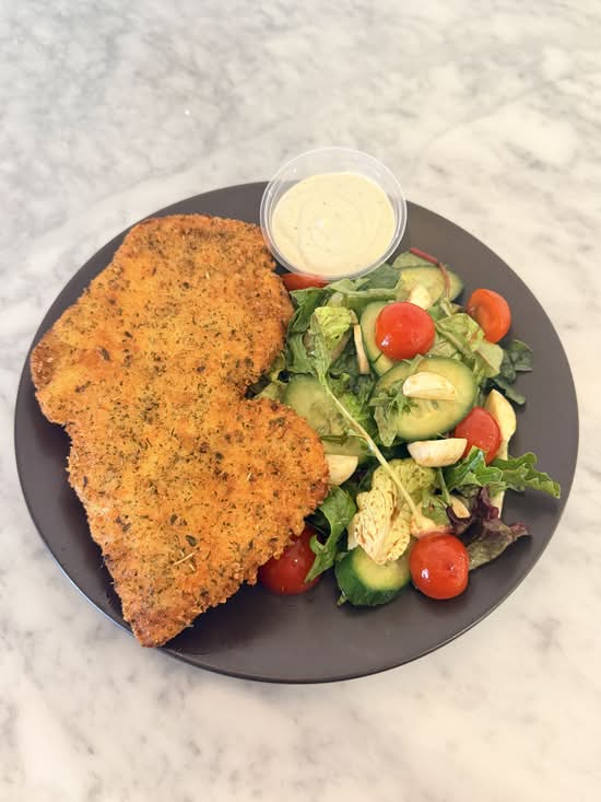 Chicken Schnitzel with Cherry Boconcini and Balsamic Dressing