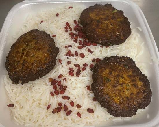 Chapli Kabab Two Pieces of Finely Grounded Lamb Mince Lightly Fried on Kabuli Palaw rice