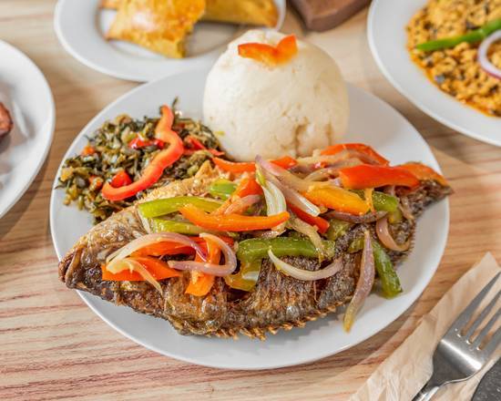 Fried Fish with Ugali and Veggies