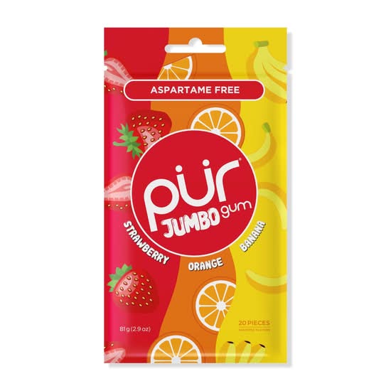 PUR Jumbo Gum | Aspartame Free Chewing Gum | 100%25 Xylitol | Natural Strawberry  Banana  Orange Flavor  20 Pieces (Pack of 1)