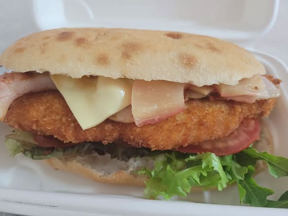 Hawaiian Chicken Schnitzel Turkish Roll Burger