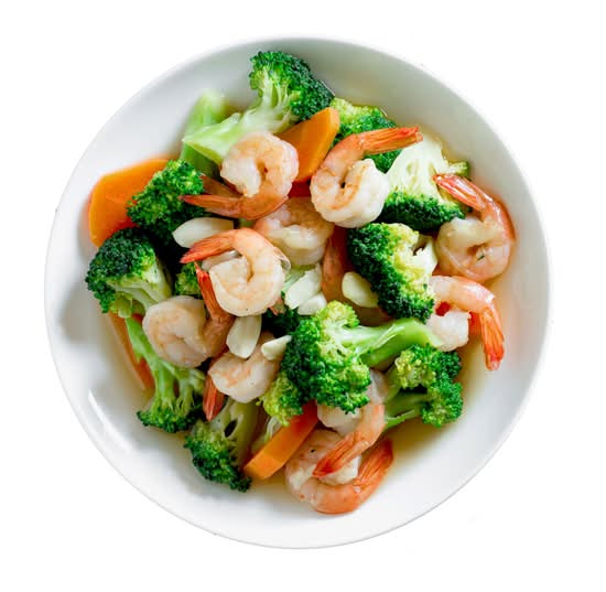 Sautéed Garlic King Prawns with Seasonal Vegetables