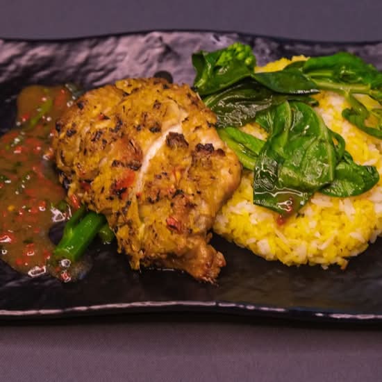 Thai BBQ chicken with aromatic rice and greens (GF)(DF)