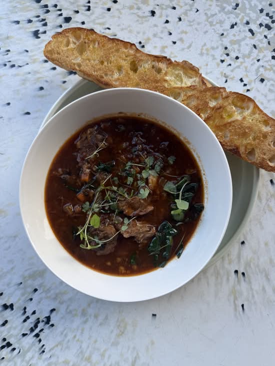 Slow cooked beef soup served with Focaccia