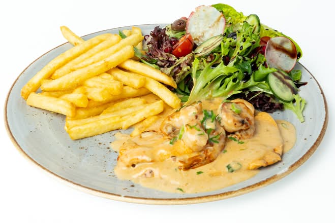 Grilled Chicken and Prawns With mash and greens