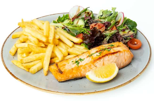 Grilled Salmon with Salad and Rustic fries
