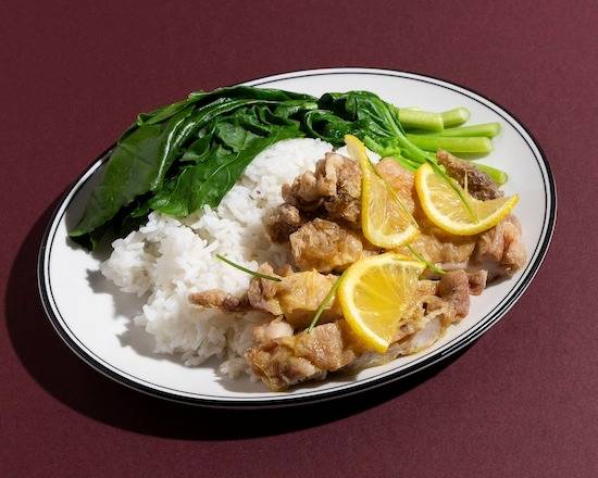 Fried lemon chicken, Chinese Broccoli and Steamed Rice