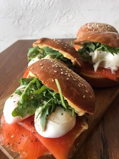 Poached Eggs Smoked salmon roll, rocket, chives and aioli