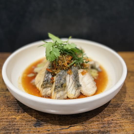 Steamed Barramundi Fillet with Pickled Chilli and Mustard Greens (GF) (A)