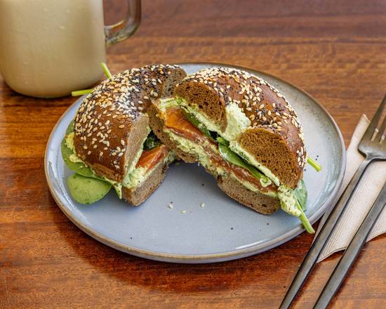 Rye Sourdough Bagel with Smoked Salmon, Spinach & Spring Onion Schmear
