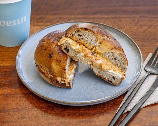 Blueberry Bagel with Cream Cheese, Peanut Butter & Raspberry Jam