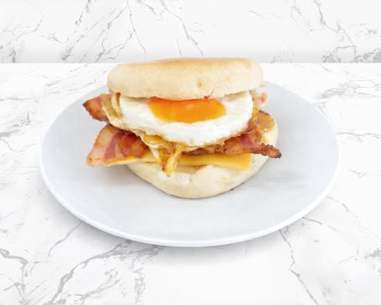 Fried Egg, Bacon and Melted Cheese in a Toasted English Muffin