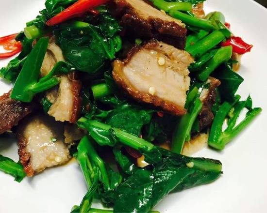 Stir Fried Asian Green Vegetables with Crispy Pork Belly
