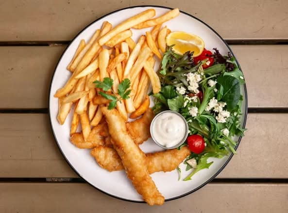 Fish, chips and salad