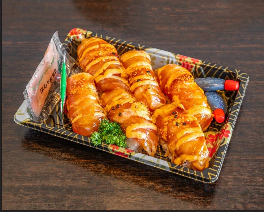 Grilled Salmon Nigiri Box with Spicy Mayo and Teriyaki Sauce
