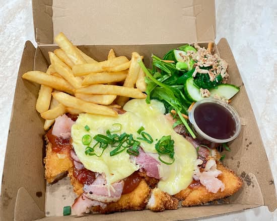 Chicken Parmigiana with salad & chips