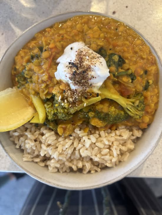 Plant Based Meal: Ginger Turmeric Red Lentil Dahl with Brown Rice & Greens