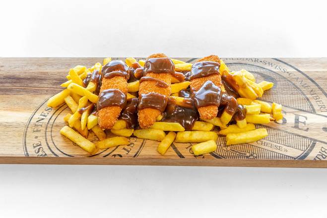 Chicken tender with chips and gravy.