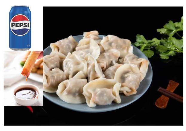Chicken dumplings + 1 spring roll + canned Pepsi Cola