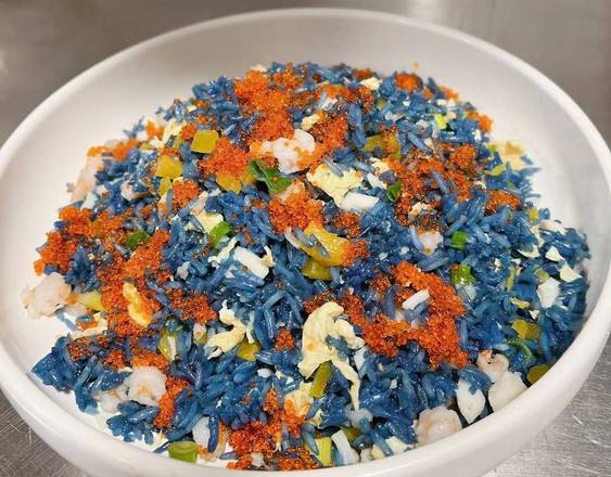 C02 seafood fried rice with butterfly pea sauce
