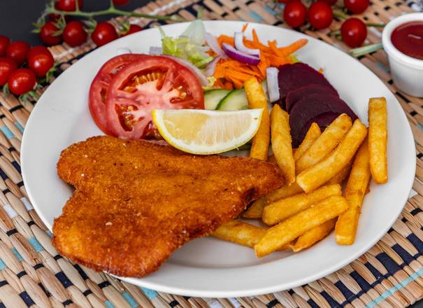 Chicken Schnitzel, Chips and Salad