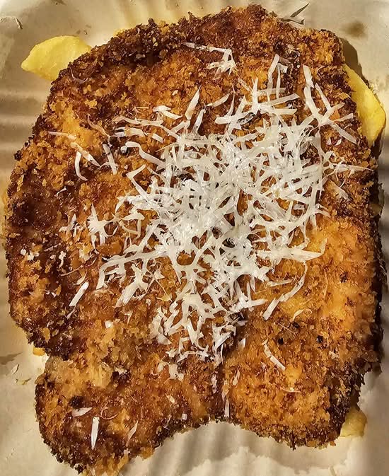 Chicken Schnitzel, Cabbage Slaw, Sage Butter Sauce & Chips
