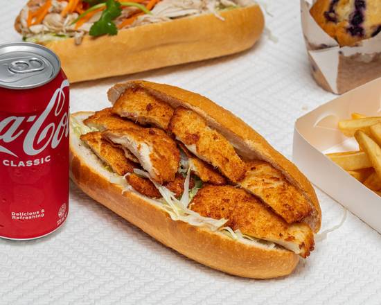 Chicken Schnitzel Roll & can of drink