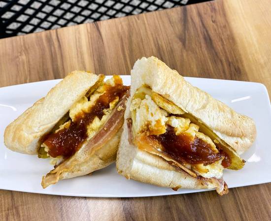 Egg, Bacon and Mini Hash Brown Roll with Tomato Relish