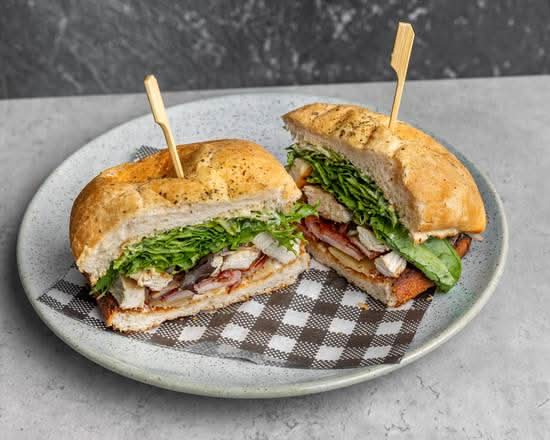 Grilled Chicken and Bacon Focaccia Sandwich with Chips