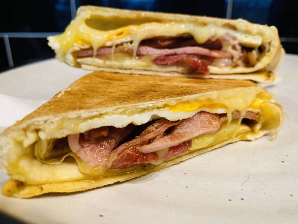 Bacon, eggs, cheese toastie wrap