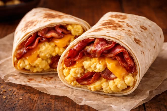 Bacon cheese and scrambled egg wrap