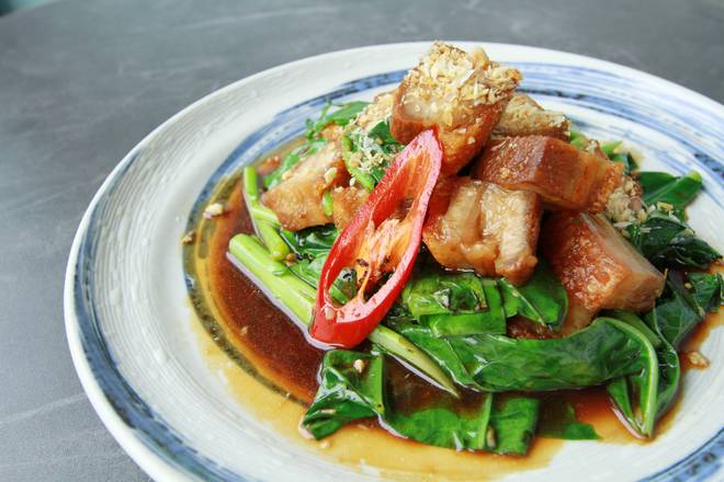 Crispy pork belly with Chinese Greens